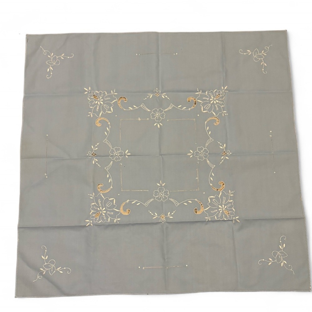 Vintage Blue Embroidered Linen Tablecloth 32x35 Floral Cutwork Tea Cottagecore